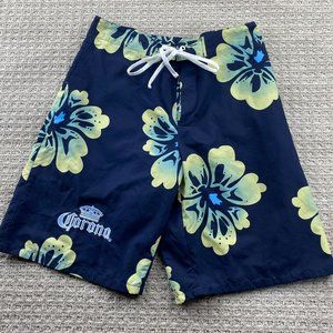Corona Beer Swim Trunks Men Large L 34 Navy Blue Floral Bathing Suit Shorts Surf